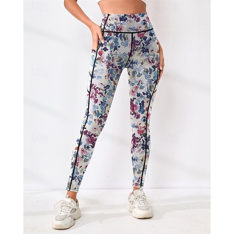Women's Yoga Pants Yoga Leggings High Waist Pilates Gym Workout Workout Tights Floral Blue Fall Sports Activewear Stretchy Slim3