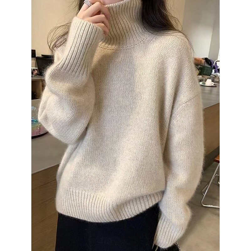 Women's Sweater Casual Soft Pure Color Ribbed Turtleneck Knitted Long Sleeve Regular Tops Knit Outdoor Daily Weekend Camel Beige Fall Winter2