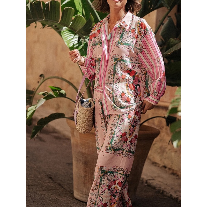 Women's Fashion Streetwear Daily Shirt Blouse Wide Leg Pants Long Sleeve Shirt Collar Floral Color Block Print Casual Daily Pink Spring &  Fall Regular Fit4