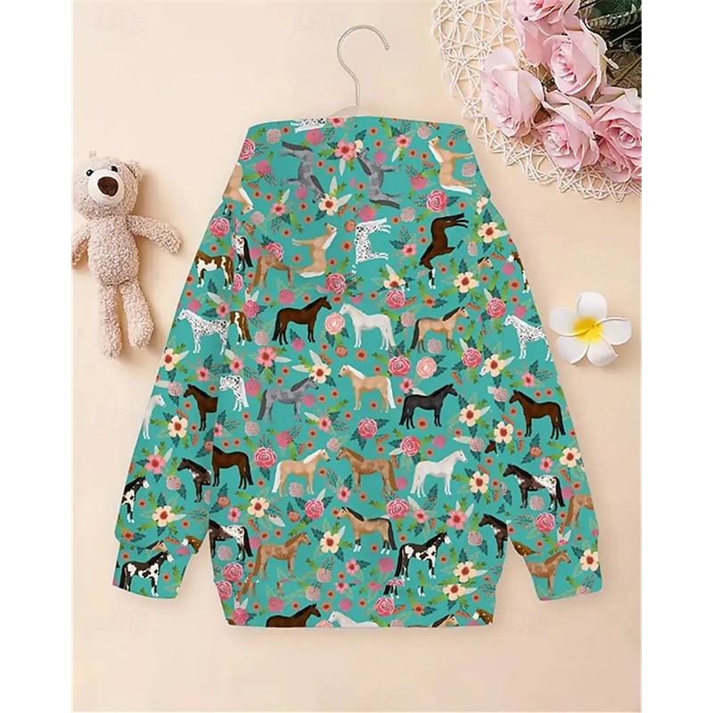 Girls' 3D Floral Graphic Horse Hoodie Long Sleeve Spring Fall Fashion Streetwear Kids 4-12 Years Hooded Outdoor Casual Daily Regular Fit2