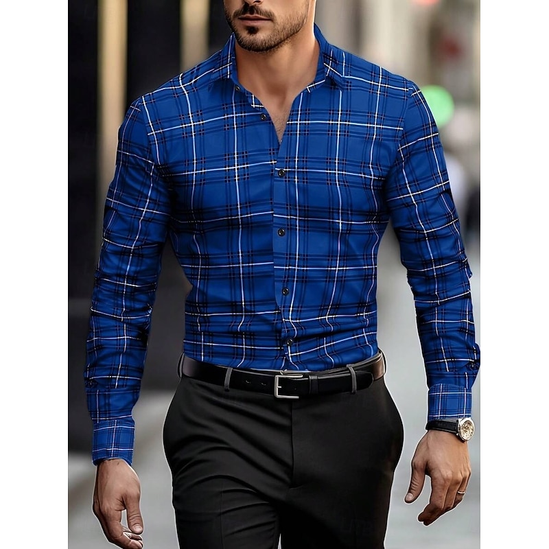 Men's Summer Shirt Casual Shirt Beach Shirt Button Up Shirt Checked Shirts Yellow Red Blue Green Gray Long Sleeve Plaid / Striped / Chevron / Round Lapel Vacation Hawaiian Button-Down Clothing Apparel4