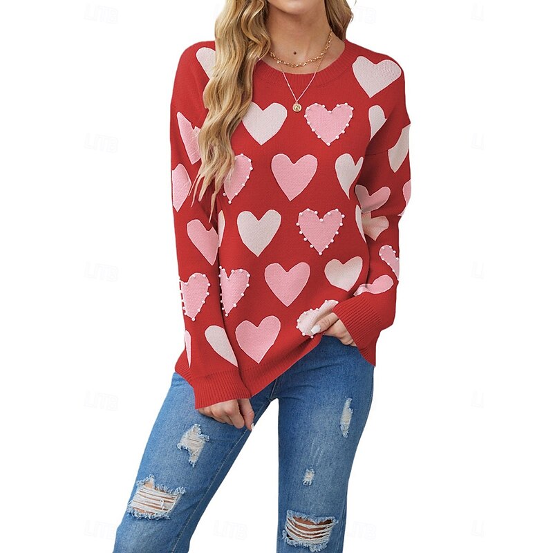 Women's Valentine Pink Heart Sweater Pullover Elegant Solid Color V Neck Knitted Long Sleeve Regular Tops Knit Fashion Streetwear Outdoor Daily Weekend Black Pink Fall Winter2