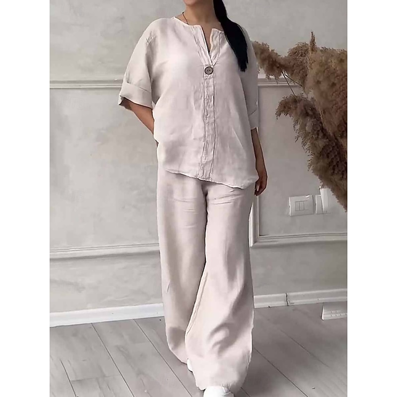 Women's Fashion Streetwear Daily Shirt Linen-Inspired Sets Two Piece Sets Wide Leg Pants 3/4 Length Sleeve Crew Neck Plain Casual Daily Black White Army Green Summer Regular Fit