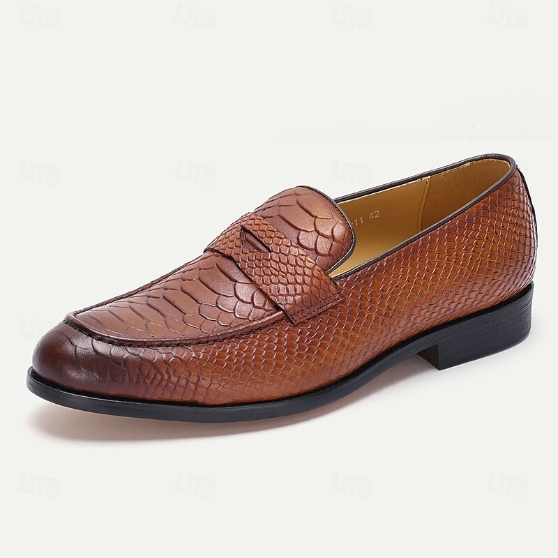 Men's Brown Premium Cowhide Leather Loafers with Textured Snake Skin Design, Slip-On Comfort, Stylish and Versatile for Casual and Formal Occasions2