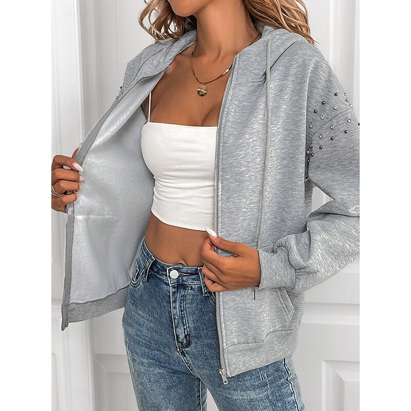 Women's Zip Up Hoodies Plain Modern Comfy Long Sleeve Hooded Regular Tops Casual Patchwork Zipper Pocket Gray Spring Fall Winter4