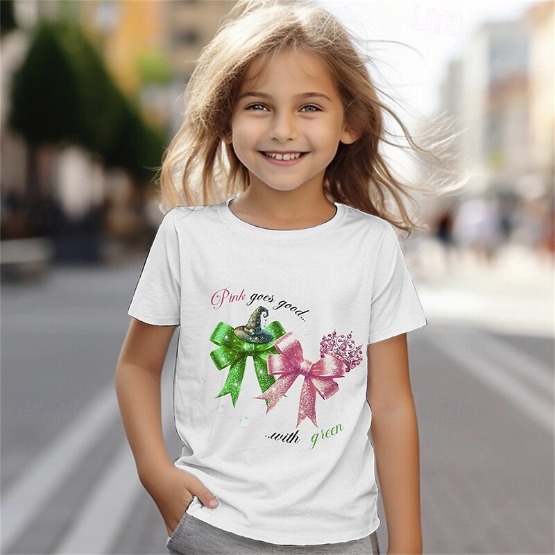 100% Cotton Kids Girls' White Pink Green Graphic Bowknot T shirt Tee Crew Neck Short Sleeve Outdoor Vacation Daily Classic Casual Print Summer