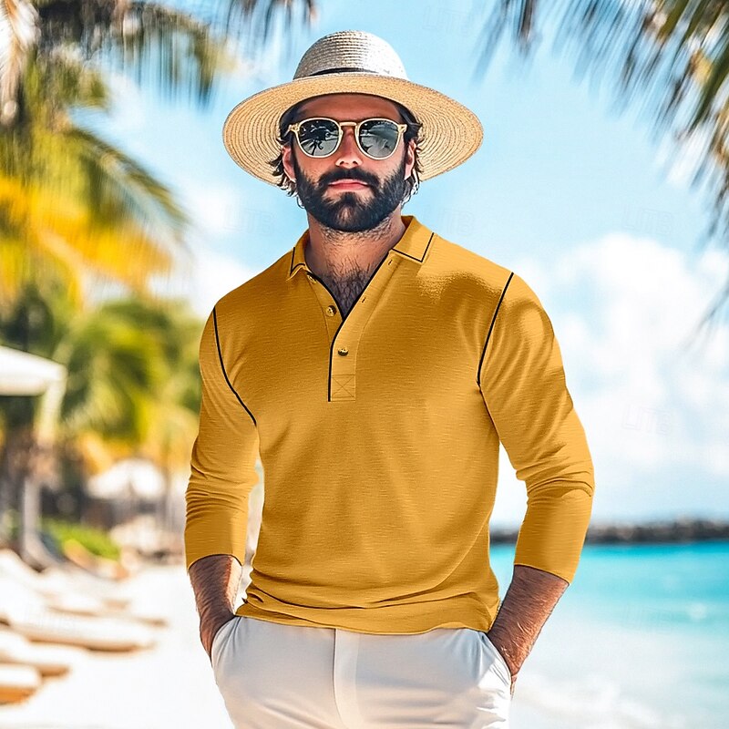 Men's Polo Shirts Golf Shirt Casual Holiday Lapel Long Sleeve Vacation Basic Plain Buttons Pocket Spring &  Fall Regular Fit White Yellow Blue Light Grey Army Green Polo Shirts