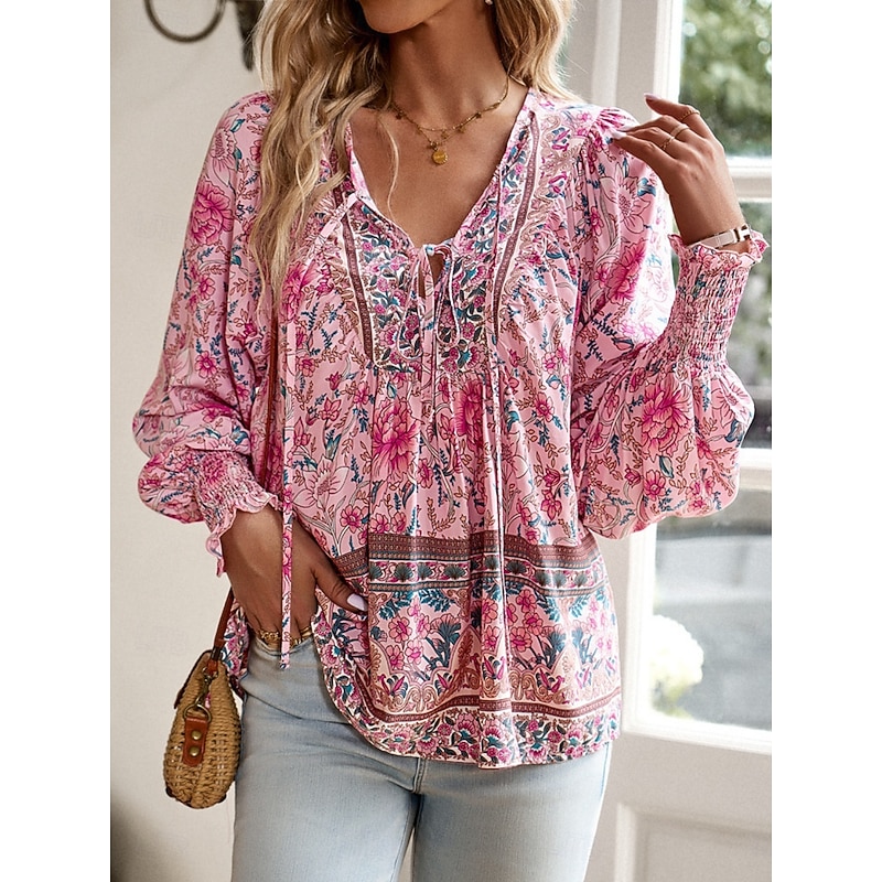 Women's Shirt Blouse Floral Bohemia Casual Long Sleeve V Neck Regular Tops Daily Print Yellow Pink Navy Blue Blue Orange Summer Spring Fall