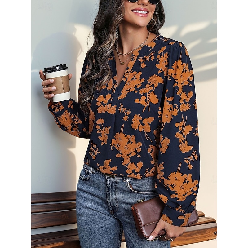 Women's Shirt Blouse Floral Stylish Casual Long Sleeve Notched Neck Regular Tops Daily Print Navy Blue Summer Spring Fall4