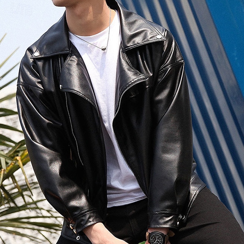 Men's Faux Leather Jacket Transition Jacket Biker Jacket Motorcycle Jacket Vacation Daily Windproof Warm Pocket Fall & Winter Plain Fashion Classic Lapel Regular Black Jacket4