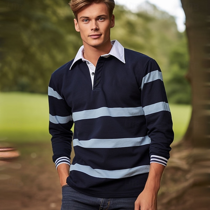 Men's Stripes Cable Knit Polo Long Sleeve Polo Shirts Collared Shirts Casual Outdoor Athleisure 3D Print Spring Fall Blue2