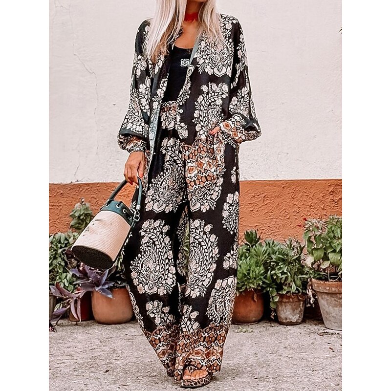 Women's Fashion Streetwear Daily Shirt Blouse Wide Leg Pants Long Sleeve Shirt Collar Floral Print Casual Daily Black Summer Regular Fit3