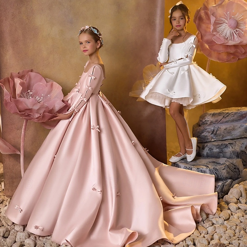 Kids Girls' Flower Girl Dress First Communion Dress Party Dress Solid Color Half Sleeve Performance Wedding Party Mesh Princess Sweet Mesh Mid-Calf Sheath Dress Tulle Dress Summer Spring Fall kids3