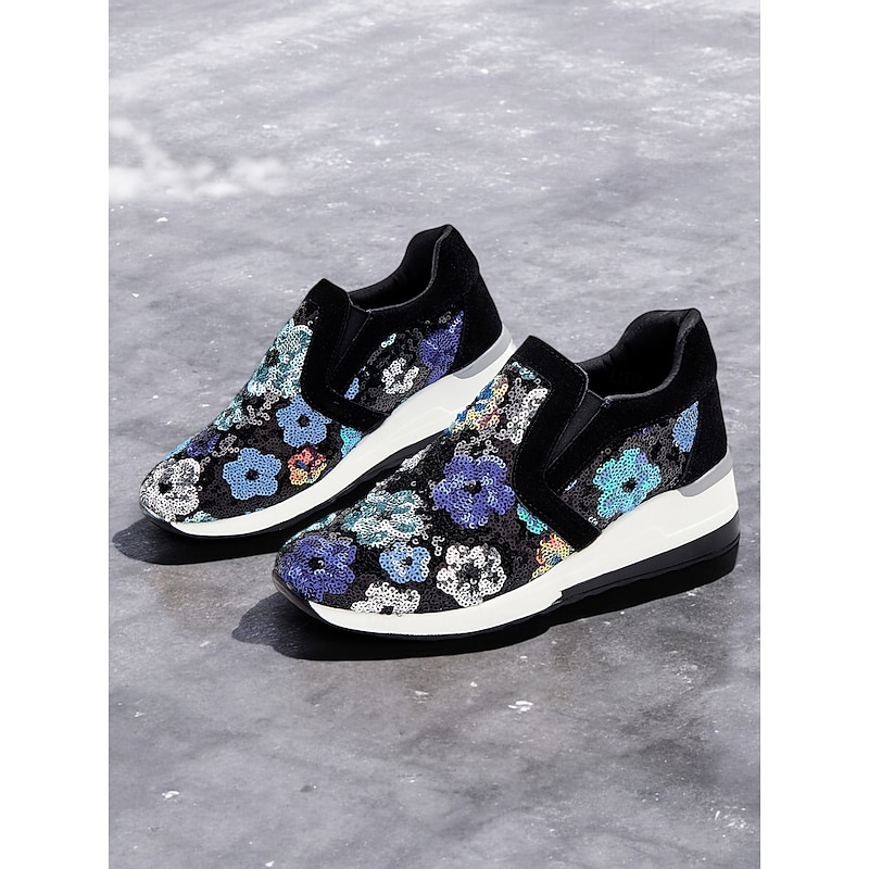 Women's Floral Sequin Slip-On Sneakers - Comfortable Glitter Casual Shoes with Wedge Sole, Perfect for Walking or Party Wear2