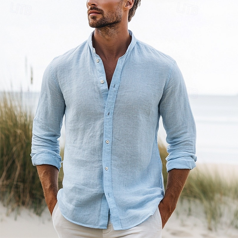 Men's Shirt Summer Shirt Button Up Shirt Black White Pink Long Sleeve Plain Band Collar Spring & Summer Vacation Casual Clothing Apparel