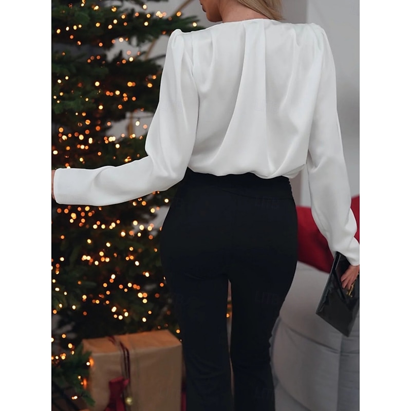 Women's Shirt Blouse Solid Color Business Modern Casual Long Sleeve V Neck Regular Tops Work Formal Wear White Wine Brown Summer Spring2