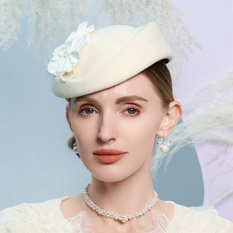 Hats 100% Wool Beret Hat Wedding Tea Party Elegant Wedding With Faux Pearl Floral Headpiece Headwear3