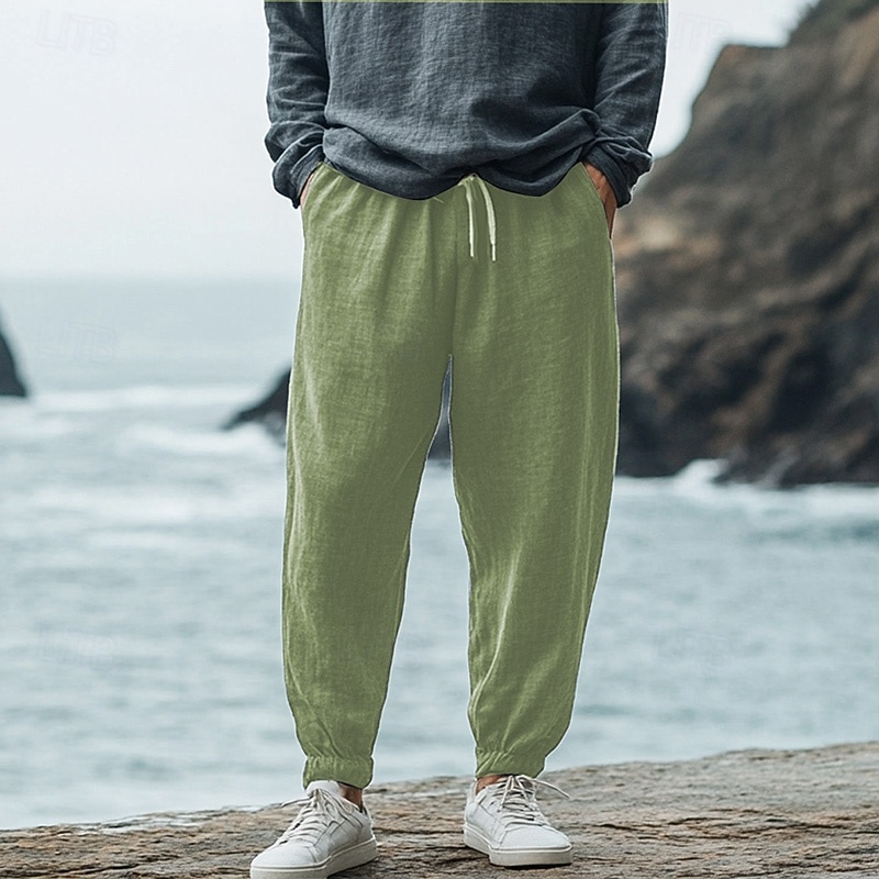 Men's Linen Pants Trousers Summer Pants Elastic Waist Straight Leg High Rise Solid Color Comfort Breathable Full Length Wedding Holiday Vacation Fashion Black White High Waist Inelastic4