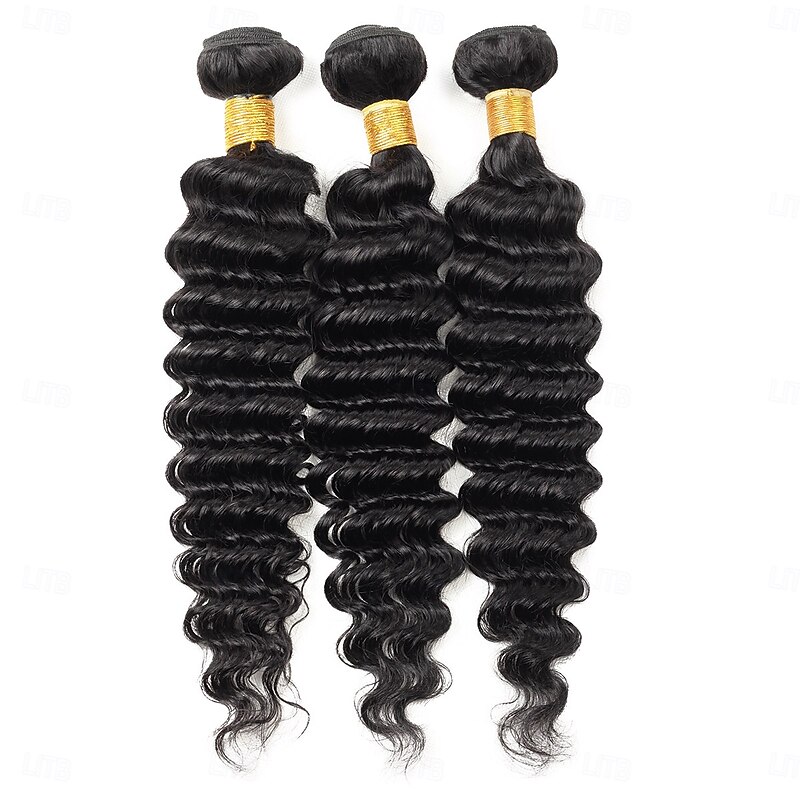 Brazilian Human Hair  Deep Wave Human Hair Weave Extension 3 Bundles With Closure 4x4 Lace Closure hair 10-28 inch Black Women2