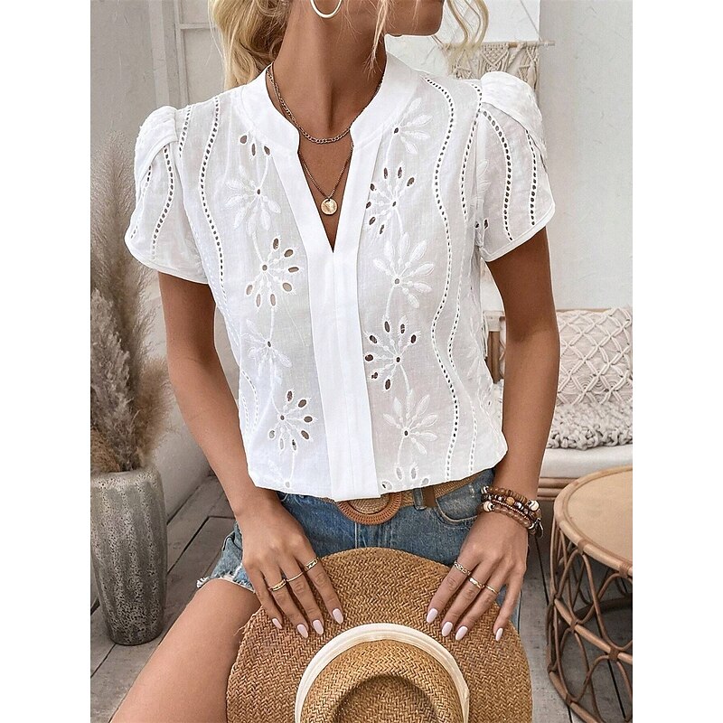 Women's Shirt Blouse Solid Color Daily Stylish Casual Short Sleeve V Neck Regular Tops Work Daily Going out Embroidered White Summer Spring3