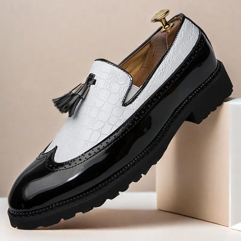 Men's Black and White Patent Faux Leather Loafers – Crocodile Embossed Tassel Dress Shoes with Chunky Sole for Gatsby Party, Wedding, Prom, Refined Nightlife