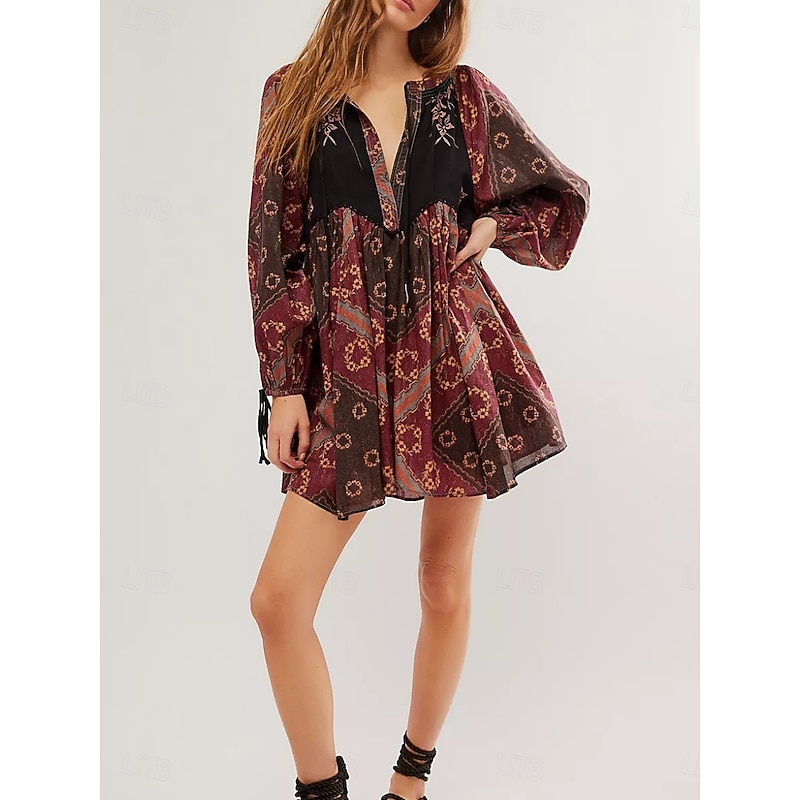 Women's Mini Dress Casual Dress Boho Dress Ethnic Casual Vacation Daily Regular Fit Floral Long Sleeve V Neck Wine Blue Green Spring Fall2