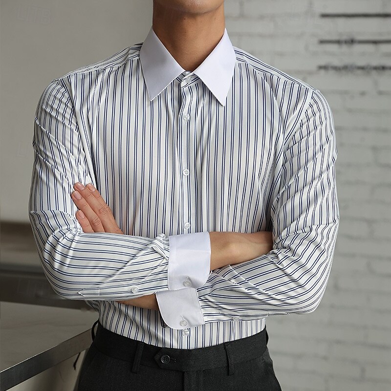 Men's Shirt Dress Shirt Button Up Shirt Stripe Wedding Party Black White Light Green Blue Long Sleeve Lapel Spring &  Fall Clothing Apparel4