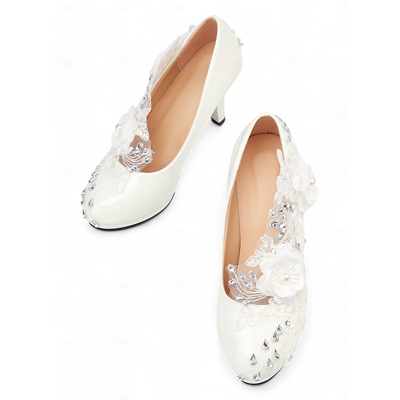 Women's White Lace Wedding Heels – Rhinestone Embellished Floral Design Bridal Shoes for Elegant Occasions 6