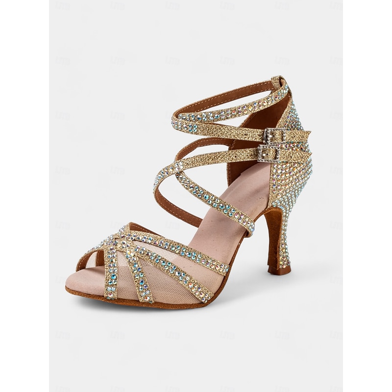 Gold Rhinestone Strappy Ballroom Dance Heels with Double Buckle Straps - Performance Shoes for Women