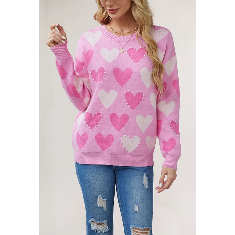 Women's Valentine Pink Heart Sweater Pullover Elegant Solid Color V Neck Knitted Long Sleeve Regular Tops Knit Fashion Streetwear Outdoor Daily Weekend Black Pink Fall Winter3