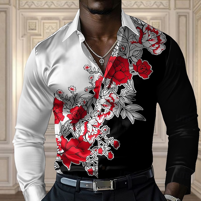 Men's Floral Casual Shirt Button Up Shirt Long Sleeve Casual Party Gift Casual Spring Fall Turndown Button Up Yellow Red Blue Green Gray