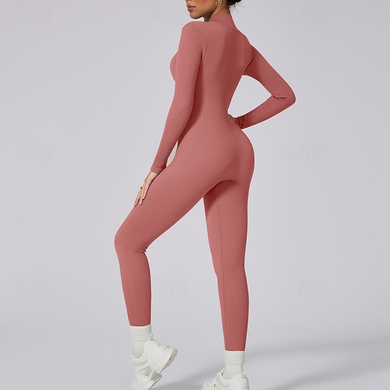 Women's Jumpsuit Workout Jumpsuit Onesie Zipper Solid Color Bodysuit Romper Silver Black Yoga Fitness Gym Workout Breathable Soft Long Sleeve Sport Activewear Micro-elastic Slim2