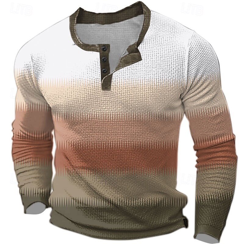 Men's Geometric Color Block Gradient Waffle Henley Shirt Casual Style Classic Style Long Sleeve Fashion Designer Basic Outdoor Daily Spring &  Fall Olive Brown Blue Henley Henley T-Shirt