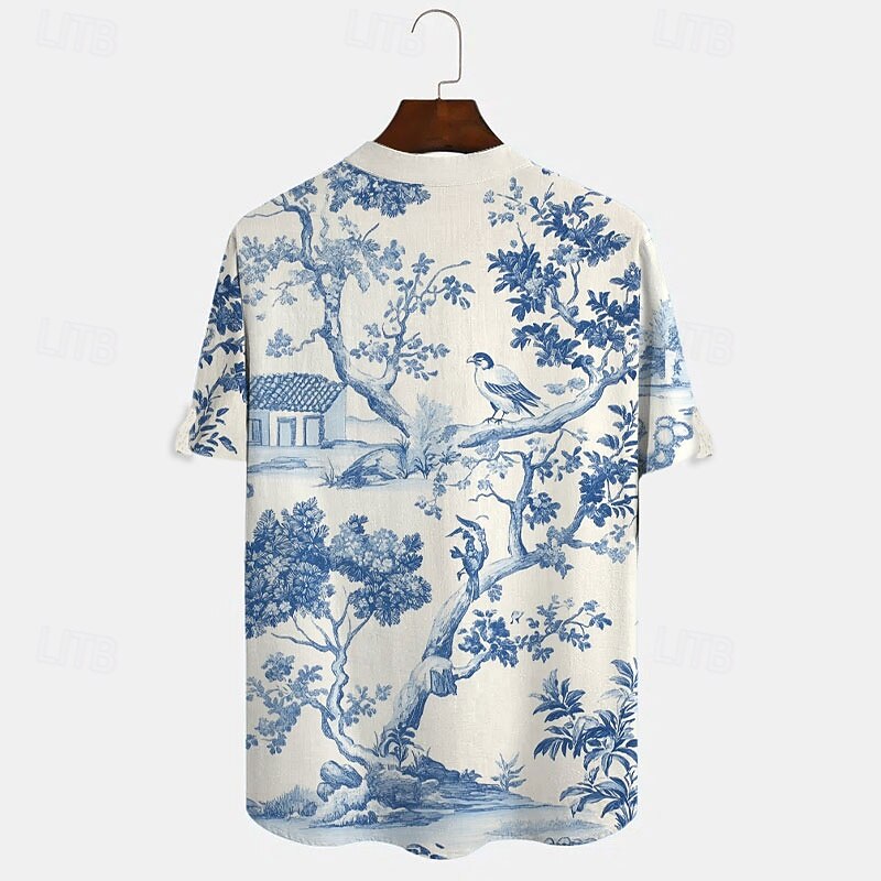 Men's Bird Floral Print Summer Hawaiian Shirt Aloha Shirt Short Sleeve Hawaiian Resort Vacation Summer Spring Stand Collar Buttons Blue2