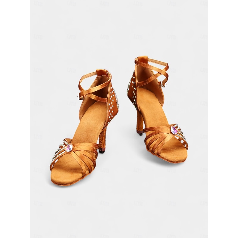 Brown Rhinestone Ballroom Dance Shoes with T-Strap Design and Suede Sole - Latin Performance Heels for Women4