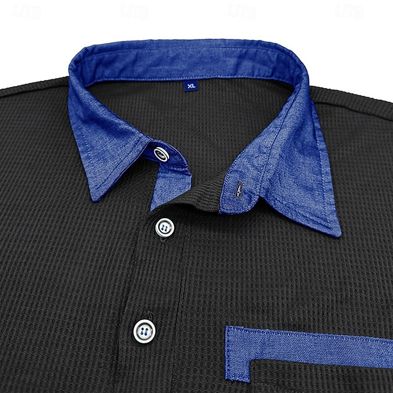 Men's Waffle Polo Shirts Polo Shirts Formal Business Lapel Classic Long Sleeve Fashion Basic Solid Color Patchwork Buttons Spring &  Fall Regular Fit Dark Grey Black White Burgundy Navy Blue Royal4