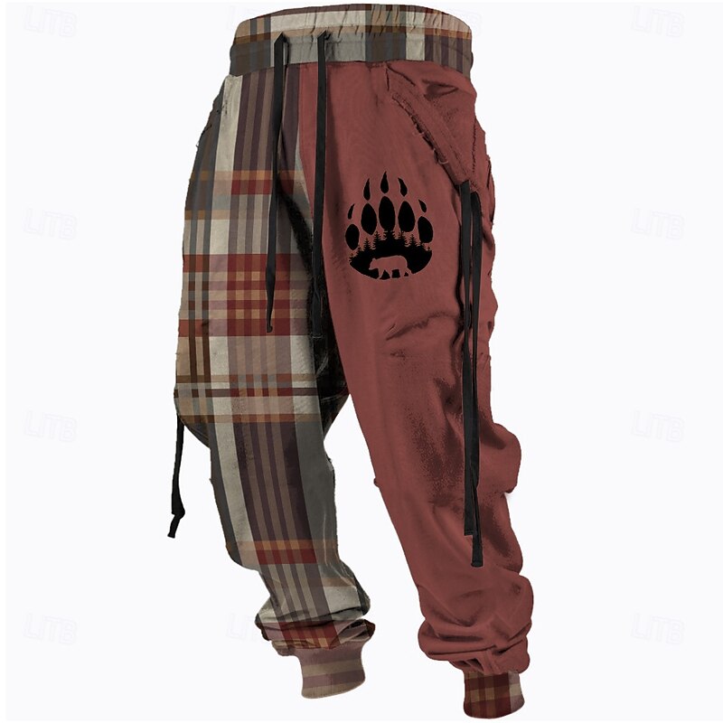 Men's Plaid Bear Paw Sweatpants Trousers Mid Waist Drawstring Elastic Waist Active Vintage Casual Outdoor Streetwear with Pockets Spring Fall 3D Print Black Yellow Brown3