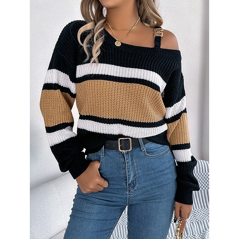 Women's Sweater Casual Soft Striped Ribbed One Shoulder Knitted Cold Shoulder Long Sleeve Regular Tops Knit Outdoor Daily Weekend Orange Khaki Fall Winter4