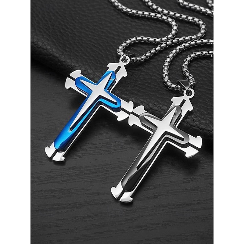Men's Fashion Jewelry: Blue and Black Cross Necklace with Cuban Chain - Stylish and Durable