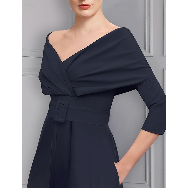 Jumpsuit Mother of the Bride Formal Wedding Guest Elegant Party Scoop Neck Off Shoulder Ankle Length Stretch Fabric 3/4 Length Sleeve with Sash / Ribbon3
