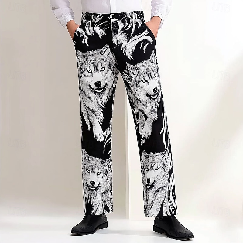 Men's Animal Wolf Trousers Dress Pants Mid Waist Casual Vintage Retro Holiday Streetwear Dads Day Gifts Flat-Front Straight Leg Trousers Summer Spring Fall 3D Print Black