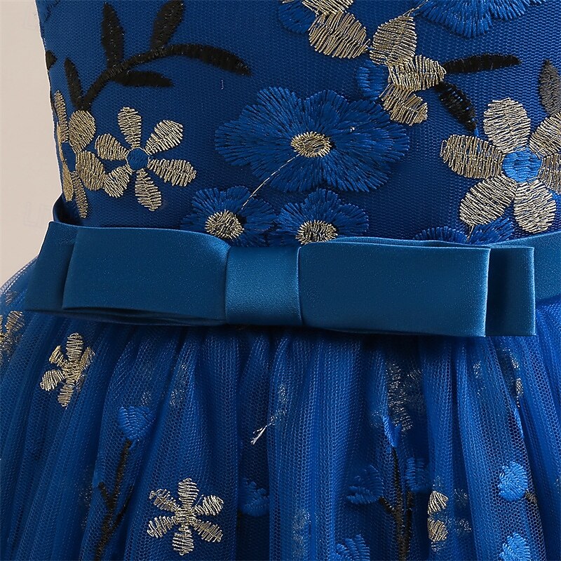Kids Girls' Party Dress Floral Sleeveless Performance Birthday Mesh Tie Knot Beautiful Sweet Polyester Maxi Party Dress Swing Dress A Line Dress Summer 4 years+ Champagne Blue Green4