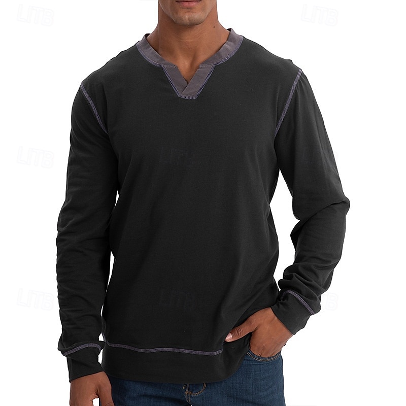 Men's T Shirt Tee Tee Top Long Sleeve Shirt Long Sleeve V Neck Spring &  Fall Patchwork Fashion Designer Basic Patchwork Vacation Street Going out Black Wine Royal Blue Top Tee for Men