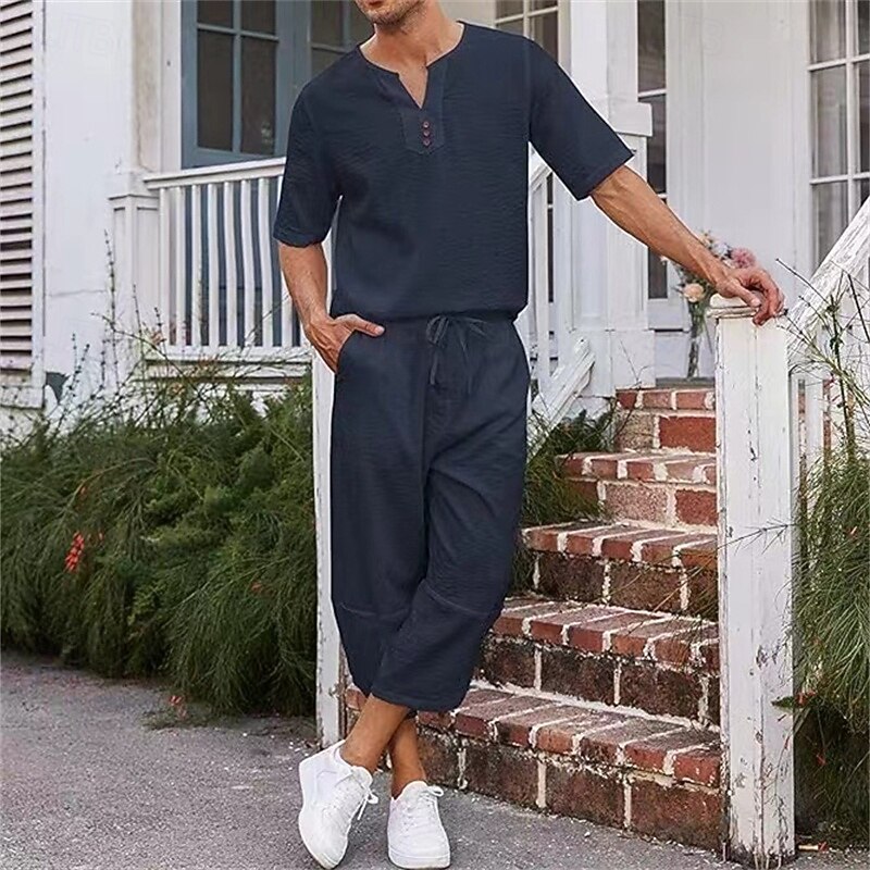 Men's Shirt 2 Piece Shirt Set Summer Shirt Matching Sets Plain Vacation Street Black White Navy Blue Khaki Short Sleeve V Neck Summer Clothing Apparel4