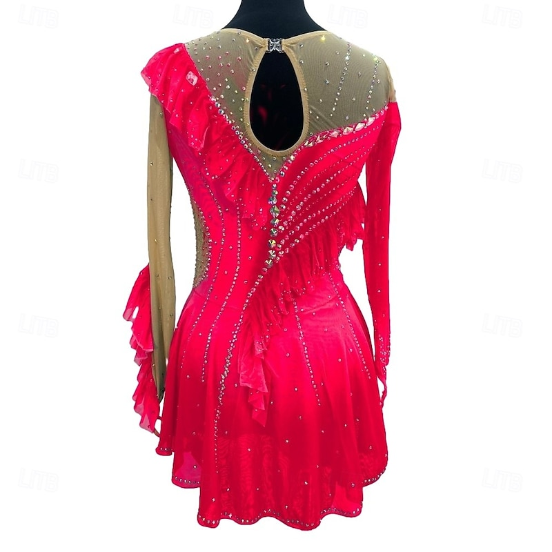 Figure Skating Dress Women's Girls' Ice Skating Dress Red Royal Blue Patchwork Thumbhole Mesh Spandex Stretchy Training Practice Professional Skating Wear Crystal / Rhinestone Long Sleeve Figure2