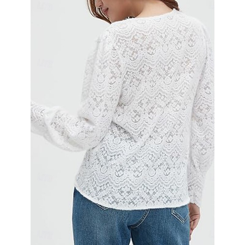 Women's White Elegant Lace Tops Eyelet Blouse Casual Solid Color Regular Tops Long Sleeve V Neck Lace Patchwork Regular Fit Daily Romantic Petite Tops Summer Holiday Wear Black White Beige2