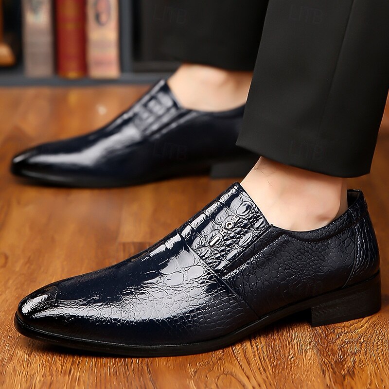 Men's Black Crocodile Pattern Patent Leather Dress Shoes – Elegant Slip-On Formal Shoes for Weddings, Business, and Evening Events4