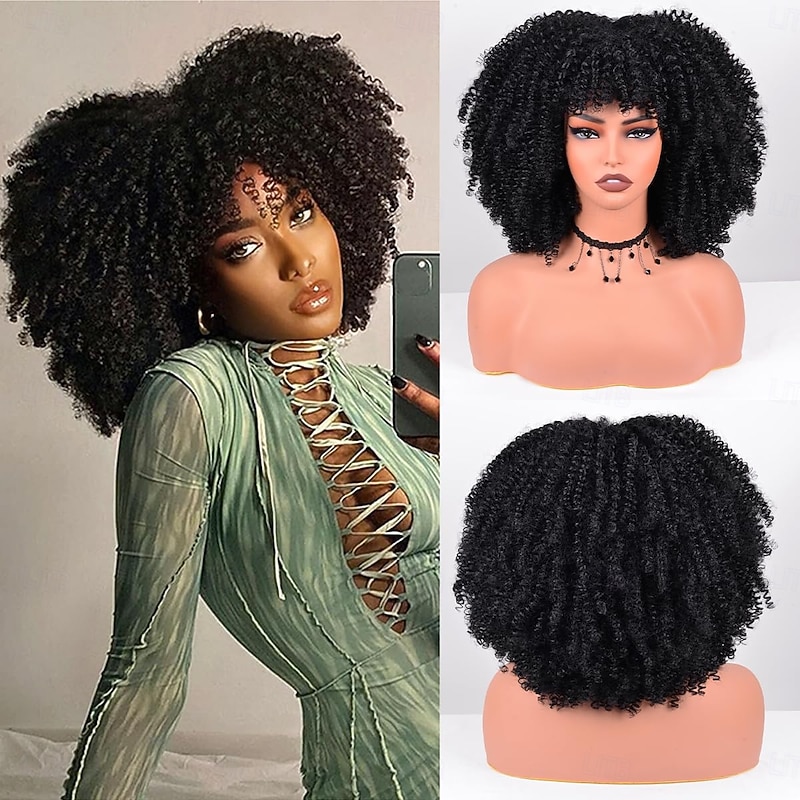 Afro Curly Wig with Bangs Synthetic Afro Wigs for Women Heat Resistant Short Kinky Curly Wigs for Daily Party