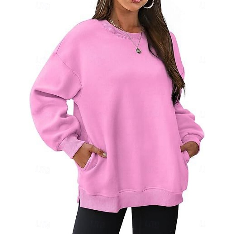 Women's Sweatshirt Casual Plain Street Dailywear Crew Neck Pocket Long Sleeve Black Pink Khaki Fall Winter