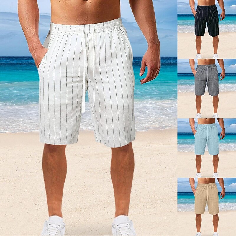 Men's Shorts Linen Shorts Summer Shorts Beach Shorts Pocket Drawstring Elastic Waist Stripe Comfort Breathable Knee Length Outdoor Holiday Beach Vacation Casual Black White2